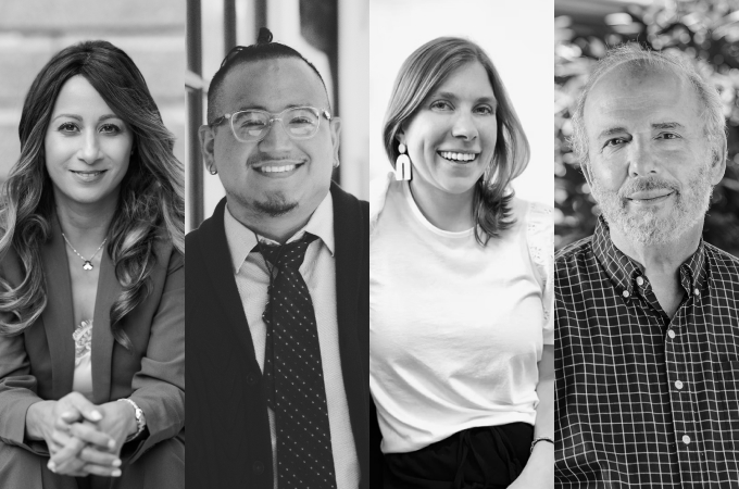 Black and White portrait photos of four Loyola Alumni