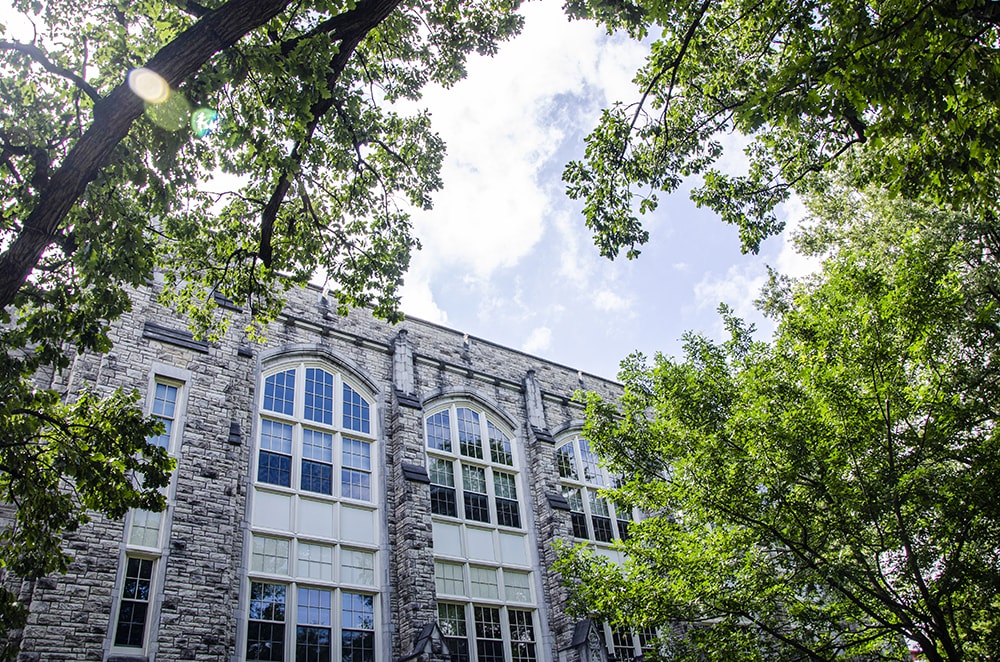 The exterior of Jenkins Hall framed by lush, green trees