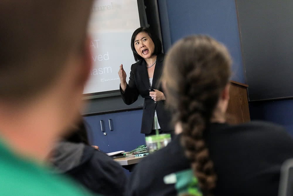 A professor lectures in front of the class, the blurred back of two students can be seen in the foreground