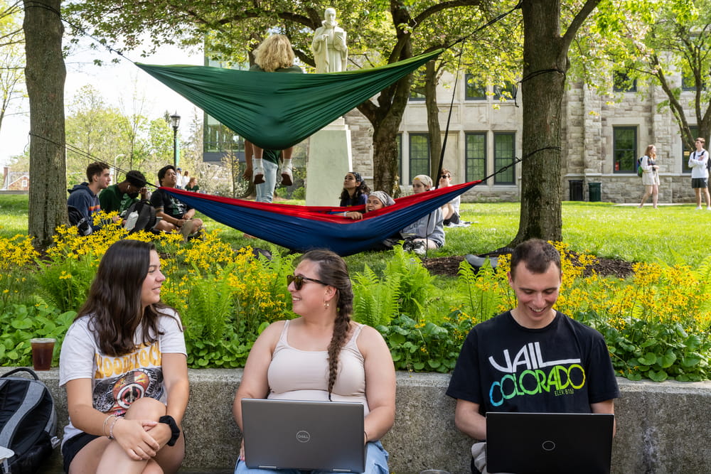 Three students sit studying and chatting on the Quad. Two students relax in hammocks in the background. 