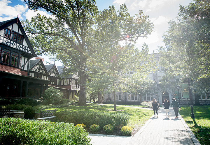 Humanities building with students walking