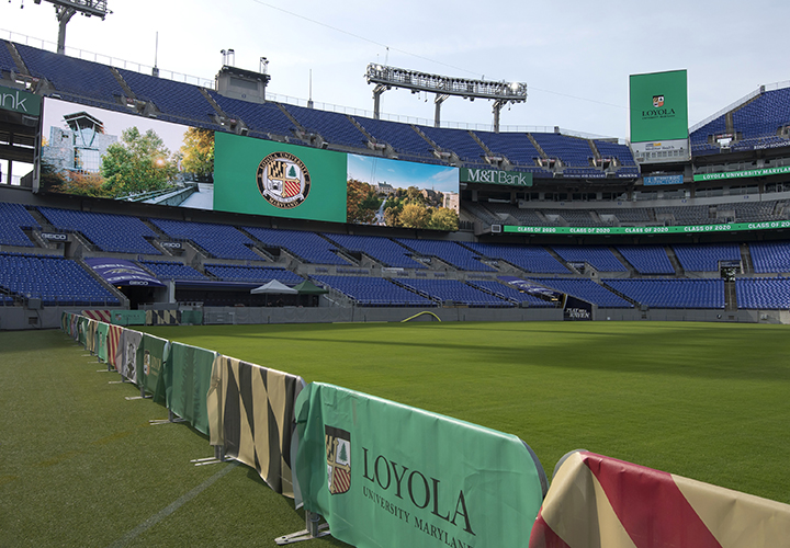 M&T Bank Stadium donned in Loyola colors, banners, and symbols during the 168th Commencement Exercises