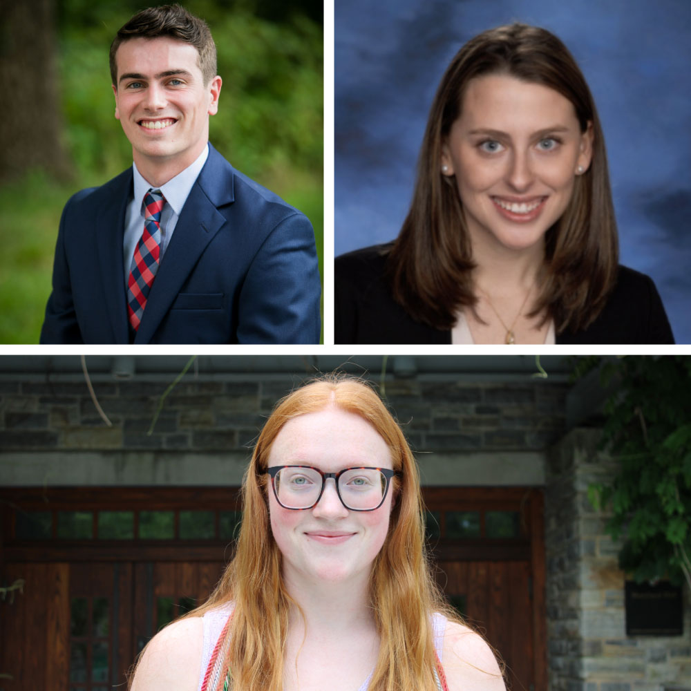 Clockwise from top left: Patrick Boyle, '25, Maeve Martineau, '25, and Evy Ryan, '25, were awarded prestigious Fulbright Awards to spend one year abroad.