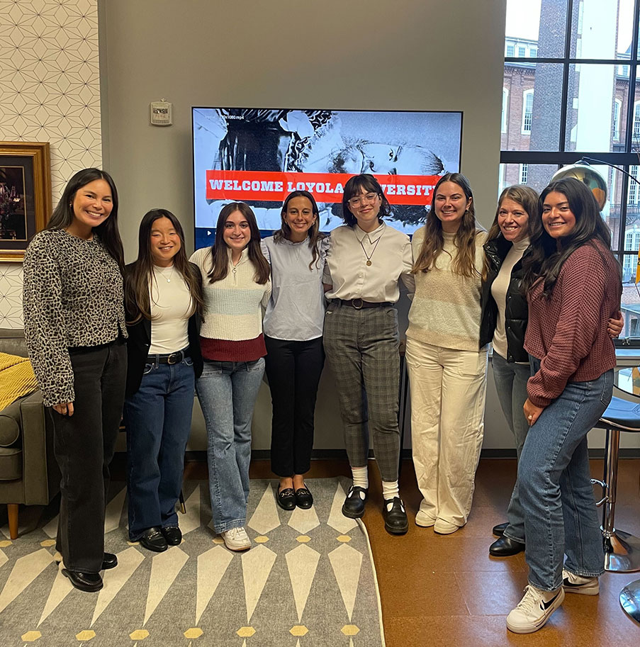 Loyola PRSSA and Lambda Pi Eta executive board members after visiting the MISSION Baltimore office in November 2024