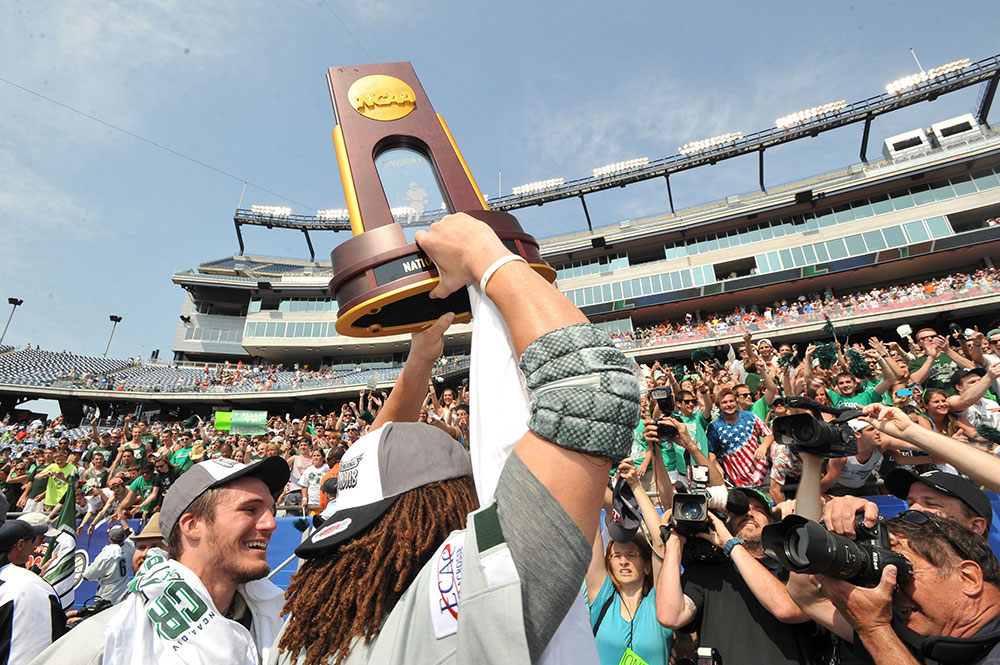 Loyola men's lacrosse players celebrate after winning the 2012 NCAA Division I Championship (courtesy of Larry French)