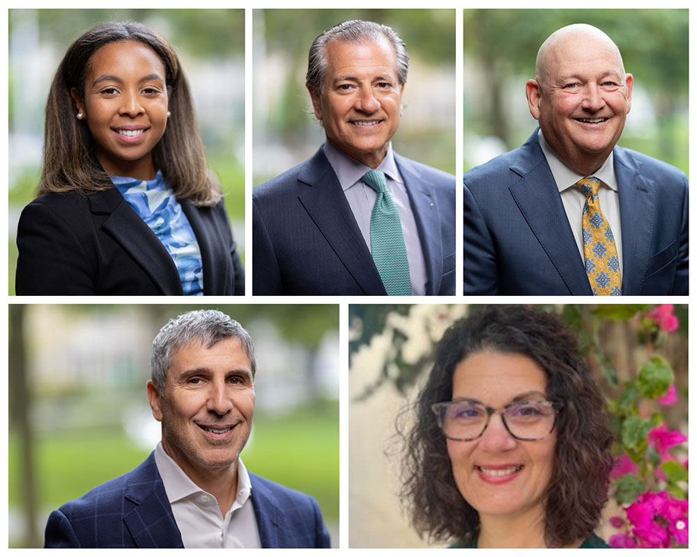 New trustees clockwise from top left: Sydni Black, ’24; Mark Fulchino, ’91; Charlie Maskell, ’82; Ploumi Saliaris; Steve Vintz, ’90