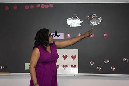 Teacher pointing to blackboard