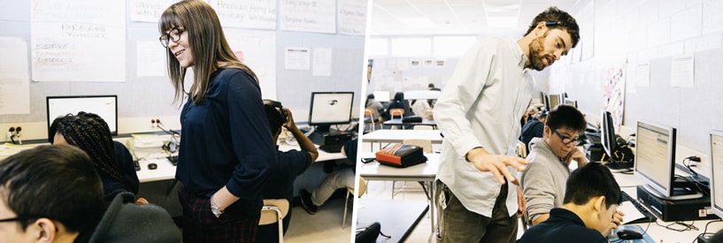 Instructors working with small groups of students in computer labs