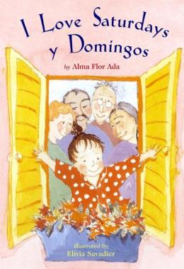 book cover of 'I love Saturdays y Domningos' showing a child opening the shutters to a window with flowers in front and a family behind