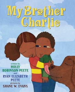Book cover of 'My Brother Charlie' showing two Black children embracing and being licked by a dog