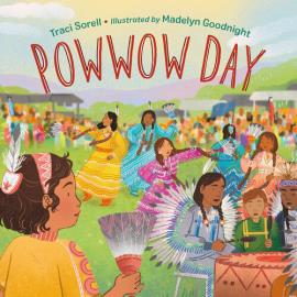 Book cover of 'Powwow Day' showing several Native Americans dancing and playing drums