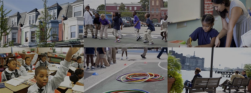 Collage of urban community and students in classroom