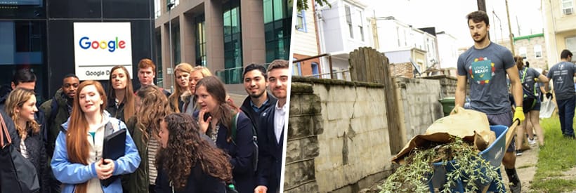 Students visiting Google during Tech Trek, a student pushing a wheelbarrow with shrubbery