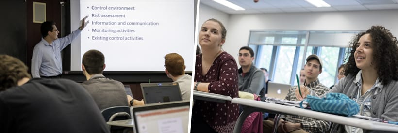 A professor pointing to the screen and students sitting in class