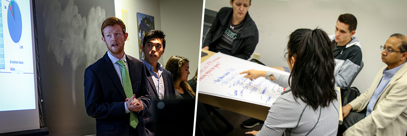 Photo 1: Male business student wearing a suit displaying management and leadership skills while giving a presentation. Photo 2: Two female and one male business student collaborate and discuss a project with management professor.