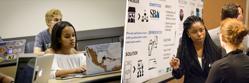 Student working at a laptop in class; professor standing at front of class