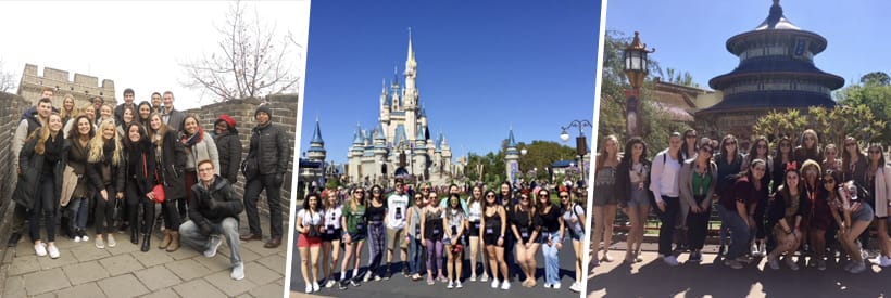 Students at various study tour locations, such as Disney, the Great Wall of China, and Beijing