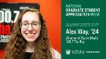 A photo of Alex Way, '24, highlighted as an alumna of the Emerging Media program for Graduate Student Appreciation Week