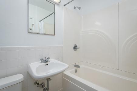 Seton Court apartment bathroom with tub, shower, sink, mirror and ample lighting