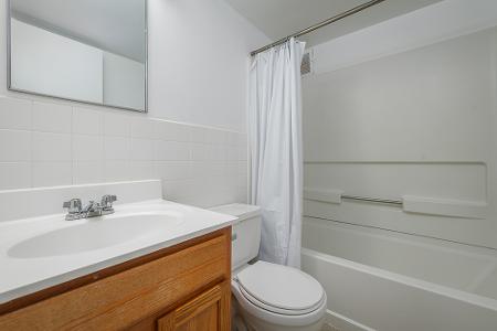 Bathroom including sink, toilet, and shower with curtain