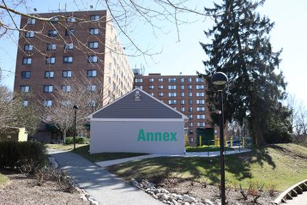 A view of three buildings including a small building labeled Annex
