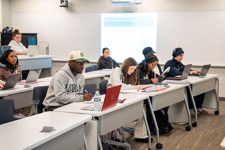 Students in a nursing lecture hall.