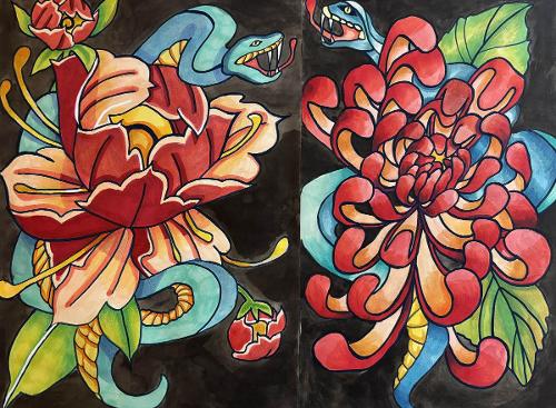 San	Cho, '27
Flower and snake, Mixed media on paper
Drawing with Color (SA 304), Professor Mary Beth Akre