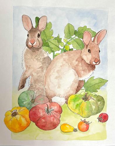 Irina	DiCunto, '25
Bunnies That Steal Tomatoes, Watercolor and micron pen on paper
Watercolor (SA 311), Professor Isa Gold