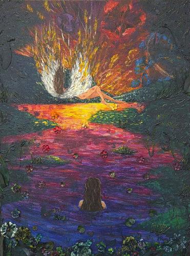 Jonathan	Kane, '27
Hell In Paradise, Acrylic paint, embellishments, gel medium, and oil pastels
Landscape Painting (SA 315), Professor Mary Beth Akre