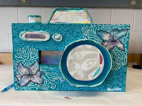 Michelle Dominguez Cabrera, '25
Captured Memories, Acrylic paint, cardboard, wood, tissue paper, beads, wallpaper samples, and soft pastels
Drawing with Color (SA 304), Professor Mary Beth Akre