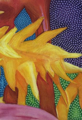 Abstract painting of overlapping yellow and orange pointed forms against red, blue, purple, and green dotted backgrounds.